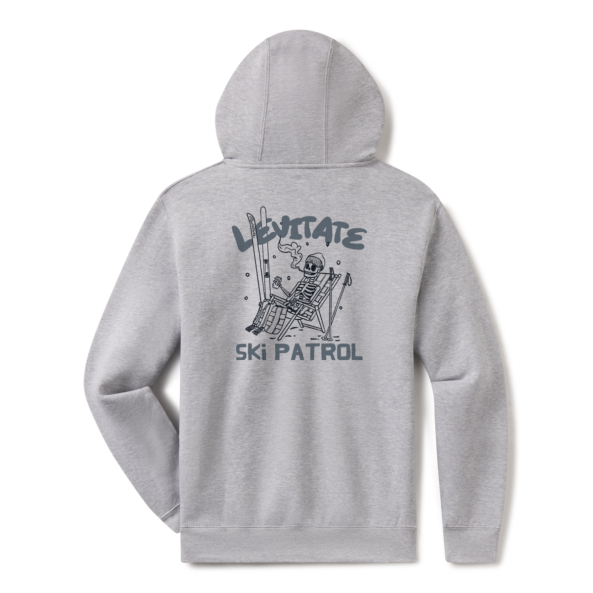 Levitate Ski Patrol Hoodie, back: Skeleton relaxing in a lawn chair with skis in the snow under orange Levitate Ski Patrol lettering