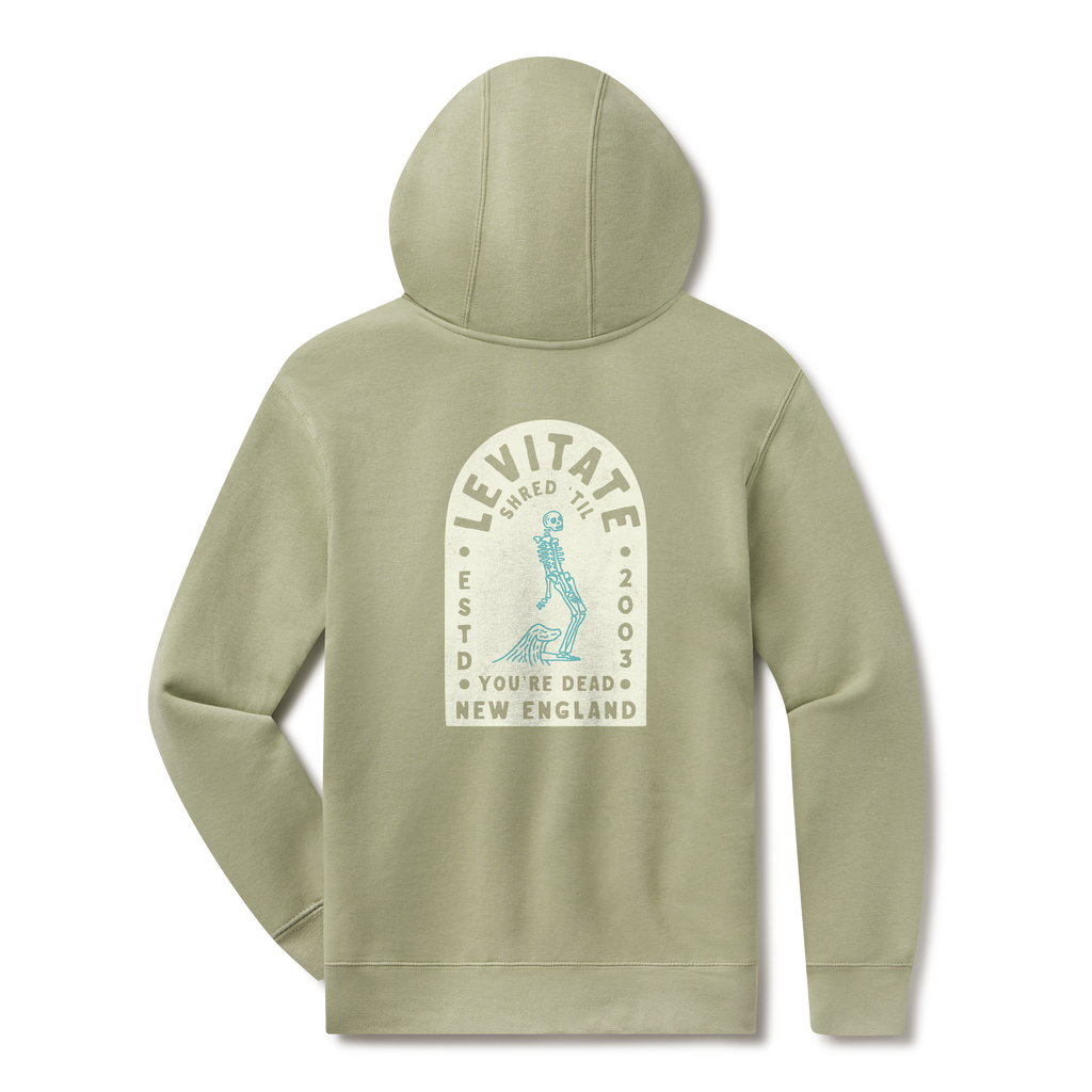 Levitate Tombstone Noseride Hoodie, back: Skeleton noseriding a longboard inside a tombstone-shaped arch, Levitate New England Estd 2003