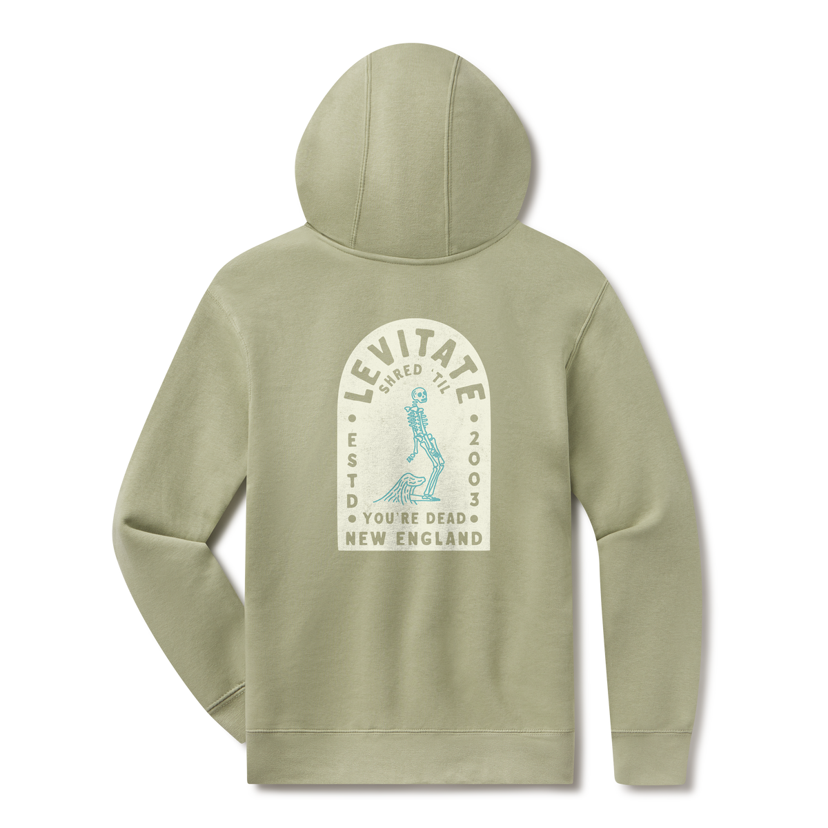 Levitate Tombstone Noseride Hoodie, back: Skeleton noseriding a longboard inside a tombstone-shaped arch, Levitate New England Estd 2003