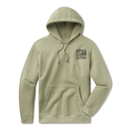 Levitate Blockprint Surfer Hoodie, front: Woodcut-style block print of a surfer riding a bicycle with a surfboard, Levitate lettering below