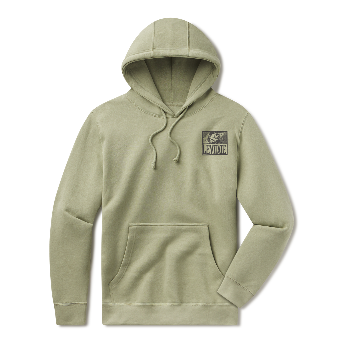 Levitate Blockprint Surfer Hoodie, front: Woodcut-style block print of a surfer riding a bicycle with a surfboard, Levitate lettering below