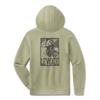 Levitate Blockprint Surfer Hoodie, back: Woodcut-style block print of a surfer riding a bicycle with a surfboard, Levitate lettering below