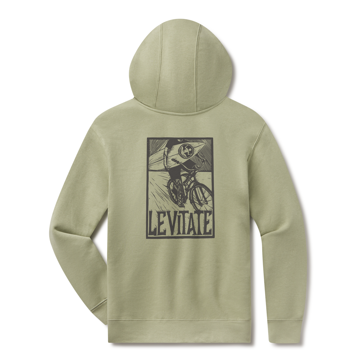 Levitate Blockprint Surfer Hoodie, back: Woodcut-style block print of a surfer riding a bicycle with a surfboard, Levitate lettering below