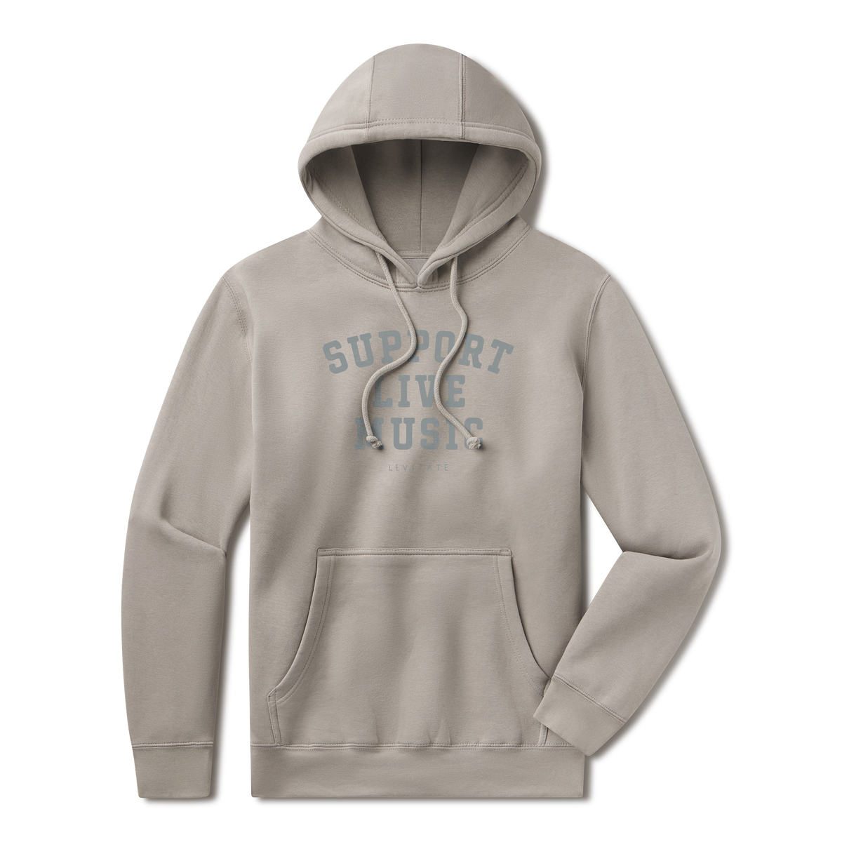 Levitate Support Live Music Hoodie, front: Collegiate block letters reading Support Live Music