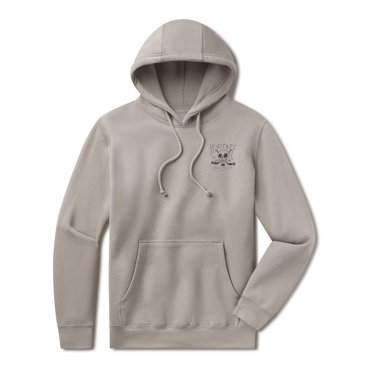 Levitate Slapshot Hoodie, front: Skull with crossed hockey sticks and a puck, Levitate Pond Hockey 20 03 lettering