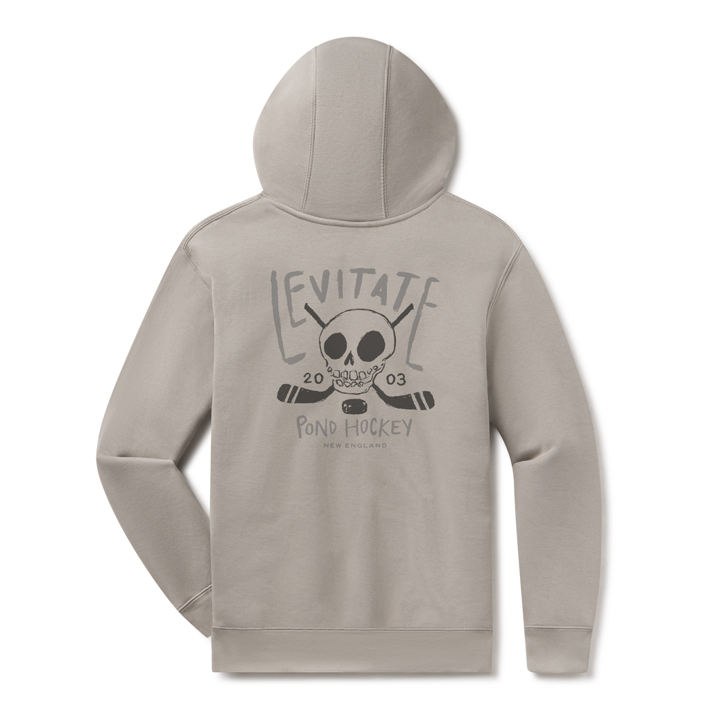 Levitate Slapshot Hoodie, back: Skull with crossed hockey sticks and a puck, Levitate Pond Hockey 20 03 lettering