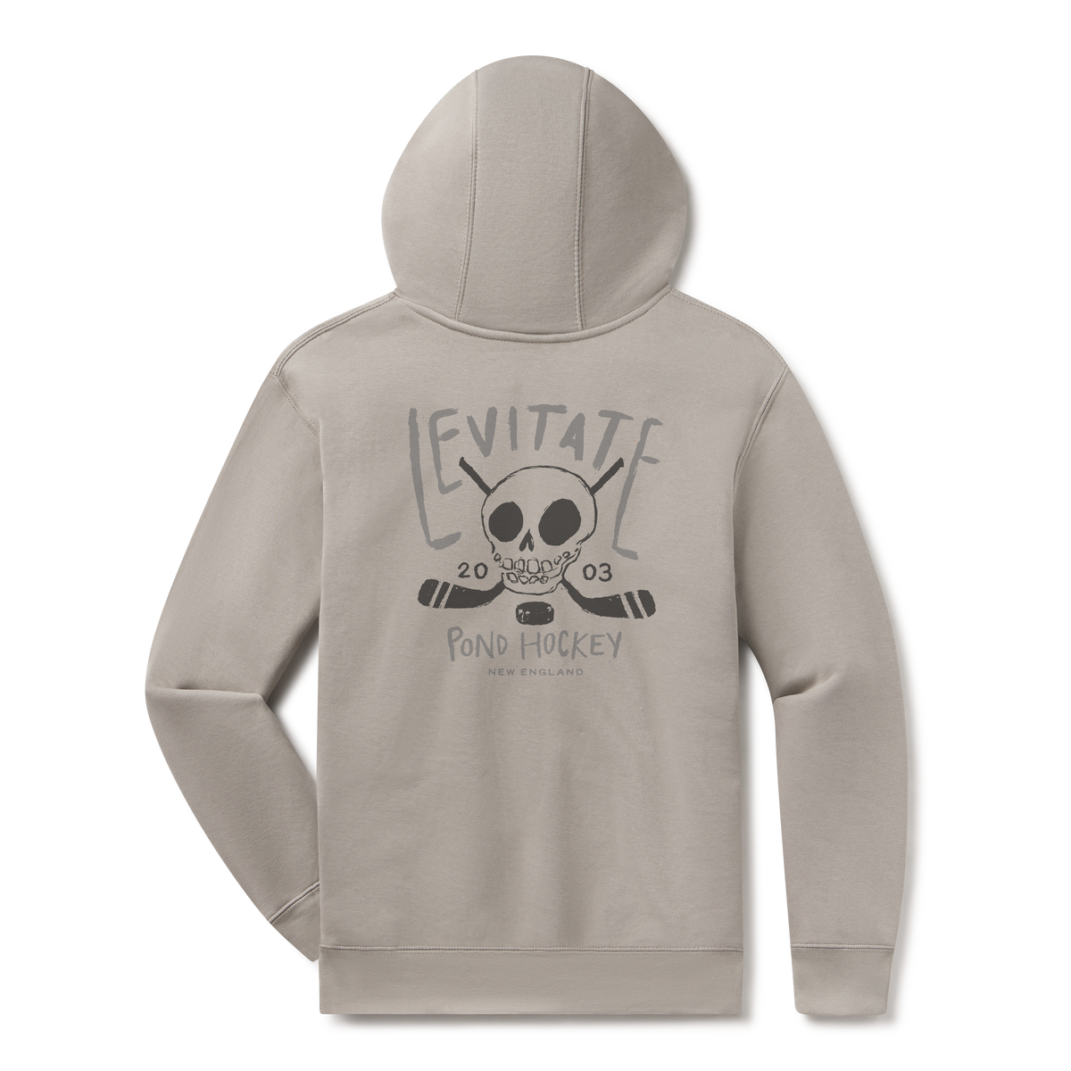 Levitate Slapshot Hoodie, back: Skull with crossed hockey sticks and a puck, Levitate Pond Hockey 20 03 lettering