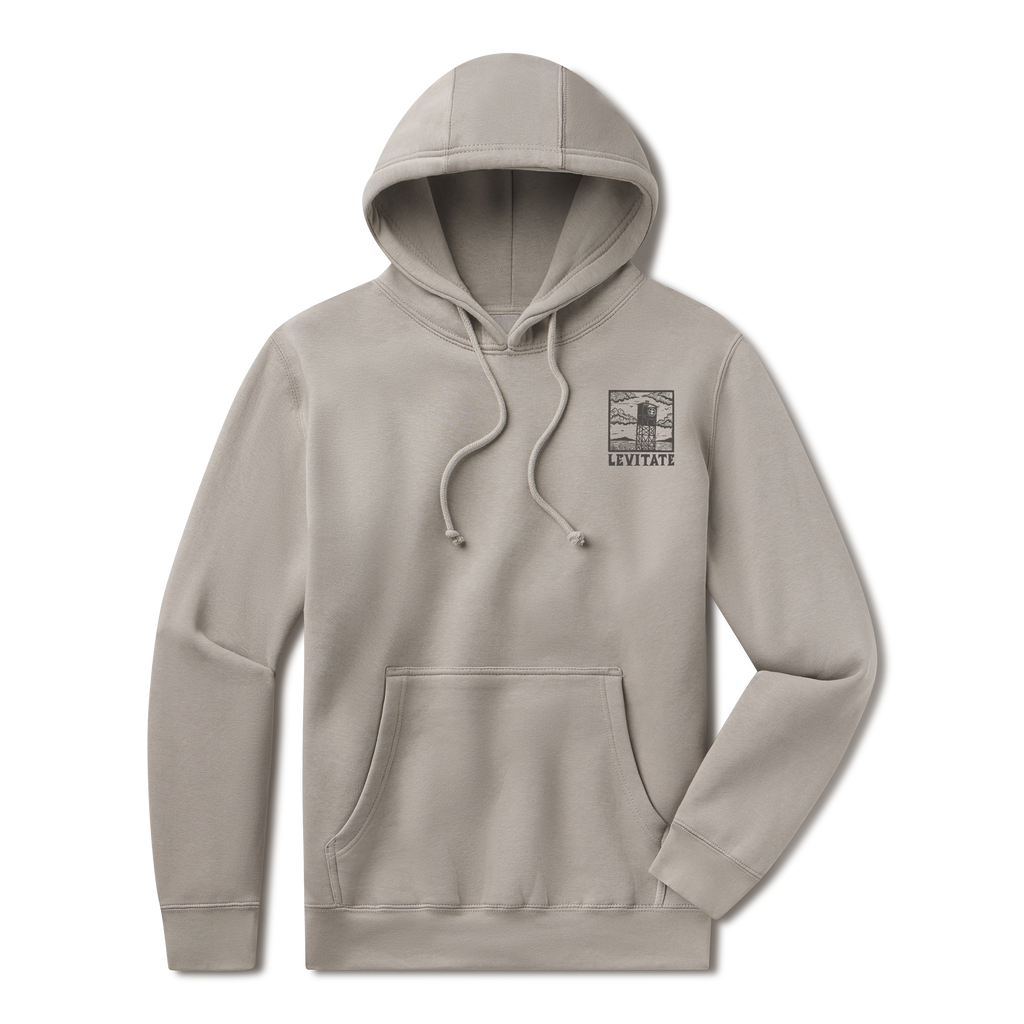 Levitate Blockprint Buoy Hoodie, front: Woodcut-style block print of a harbor buoy with clouds and hills, Levitate lettering below