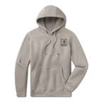 Levitate Blockprint Buoy Hoodie, front: Woodcut-style block print of a harbor buoy with clouds and hills, Levitate lettering below