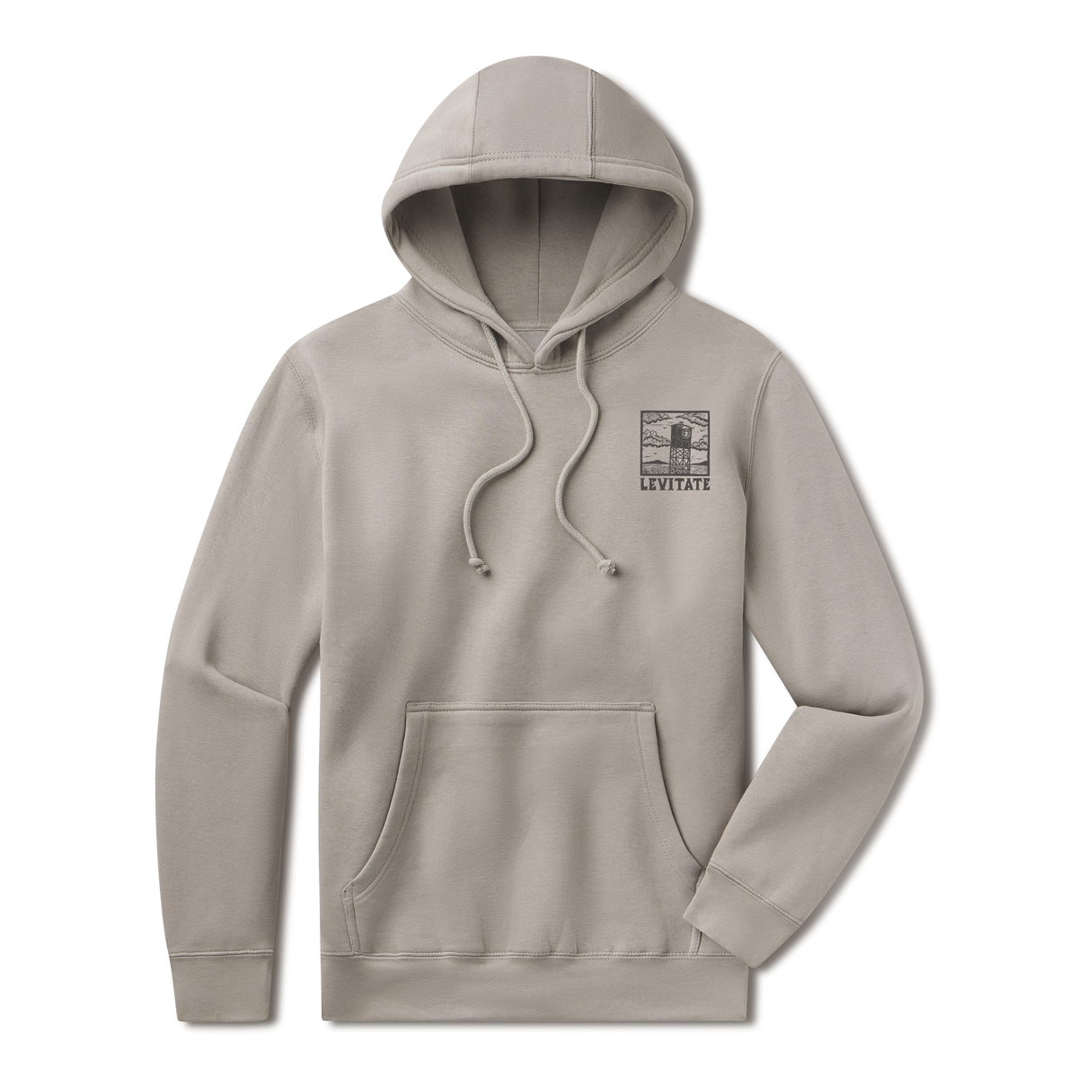 Levitate Blockprint Buoy Hoodie, front: Woodcut-style block print of a harbor buoy with clouds and hills, Levitate lettering below