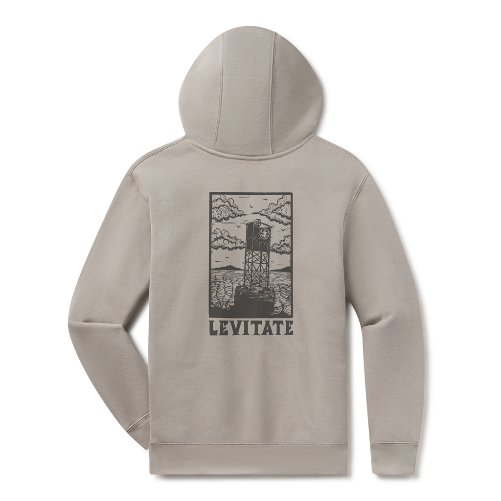 Levitate Blockprint Buoy Hoodie, back: Woodcut-style block print of a harbor buoy with clouds and hills, Levitate lettering below