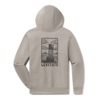 Levitate Blockprint Buoy Hoodie, back: Woodcut-style block print of a harbor buoy with clouds and hills, Levitate lettering below