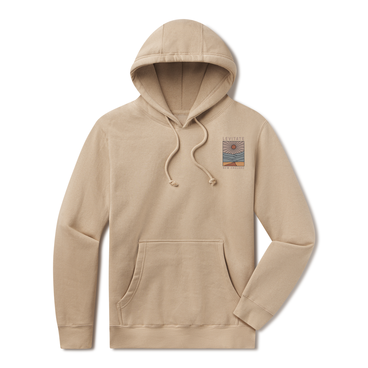 Levitate Stainglass Hoodie, front: Stained glass-style landscape of sun rays over layered hills and shoreline, Levitate New England
