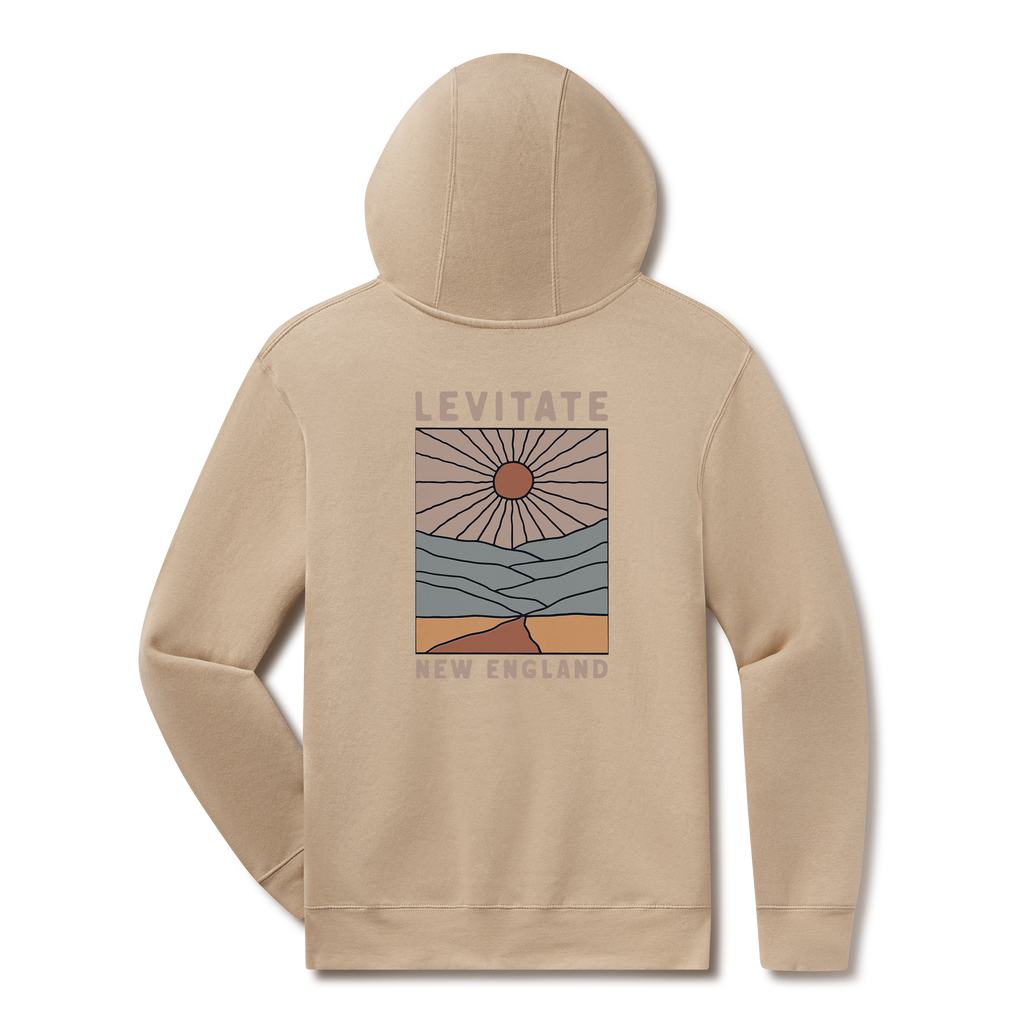 Levitate Stainglass Hoodie, back: Stained glass-style landscape of sun rays over layered hills and shoreline, Levitate New England
