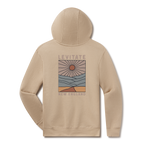 Levitate Stainglass Hoodie, back: Stained glass-style landscape of sun rays over layered hills and shoreline, Levitate New England