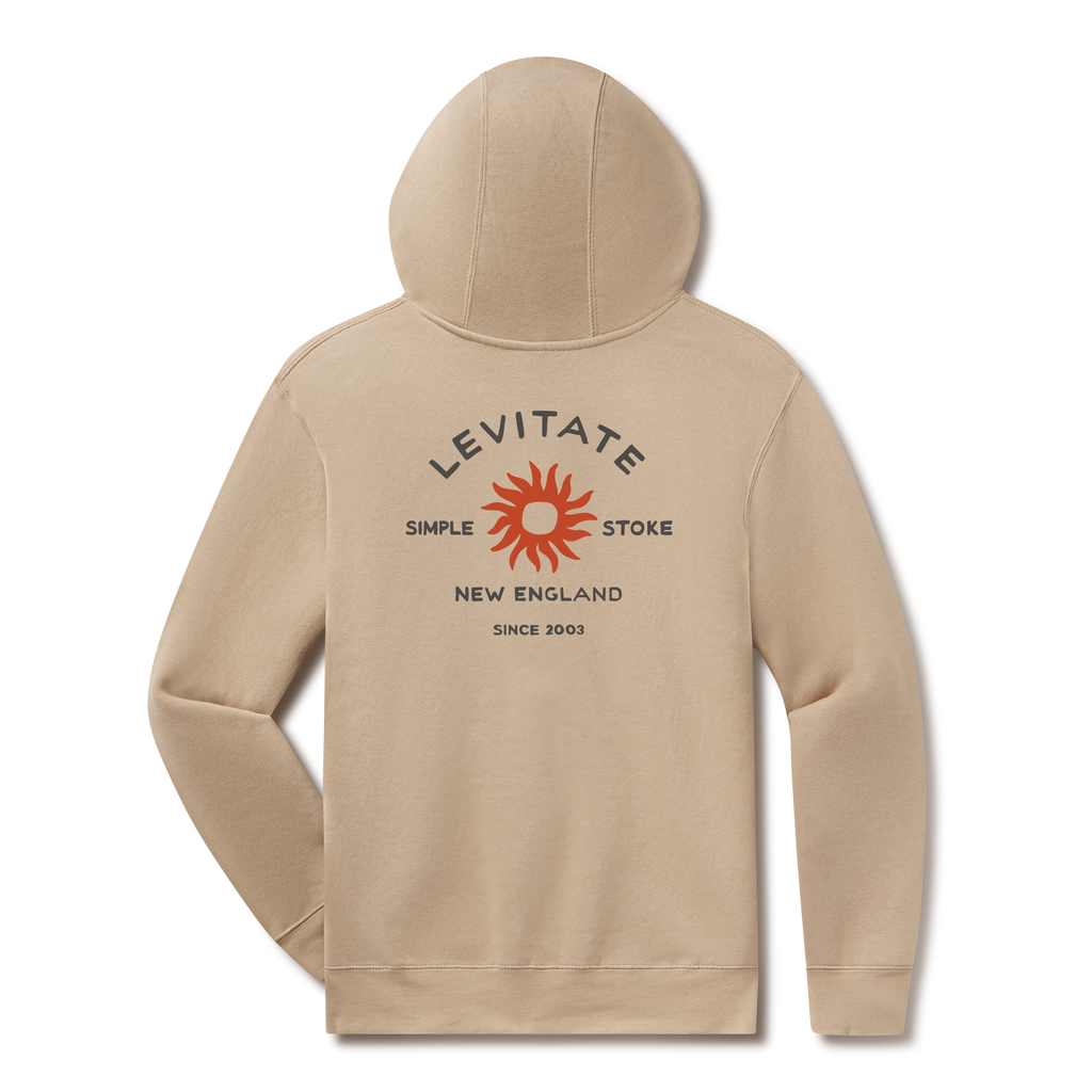 Levitate Simple Stoke Hoodie, back: Rust-orange sunburst with Simple Stoke text and Levitate New England arched lettering
