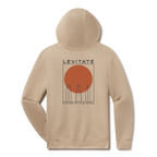 Levitate Quiver Surf Hoodie, back: Surfboard quiver standing against a large rust-orange sun with Levitate and Stoke Style Soul text