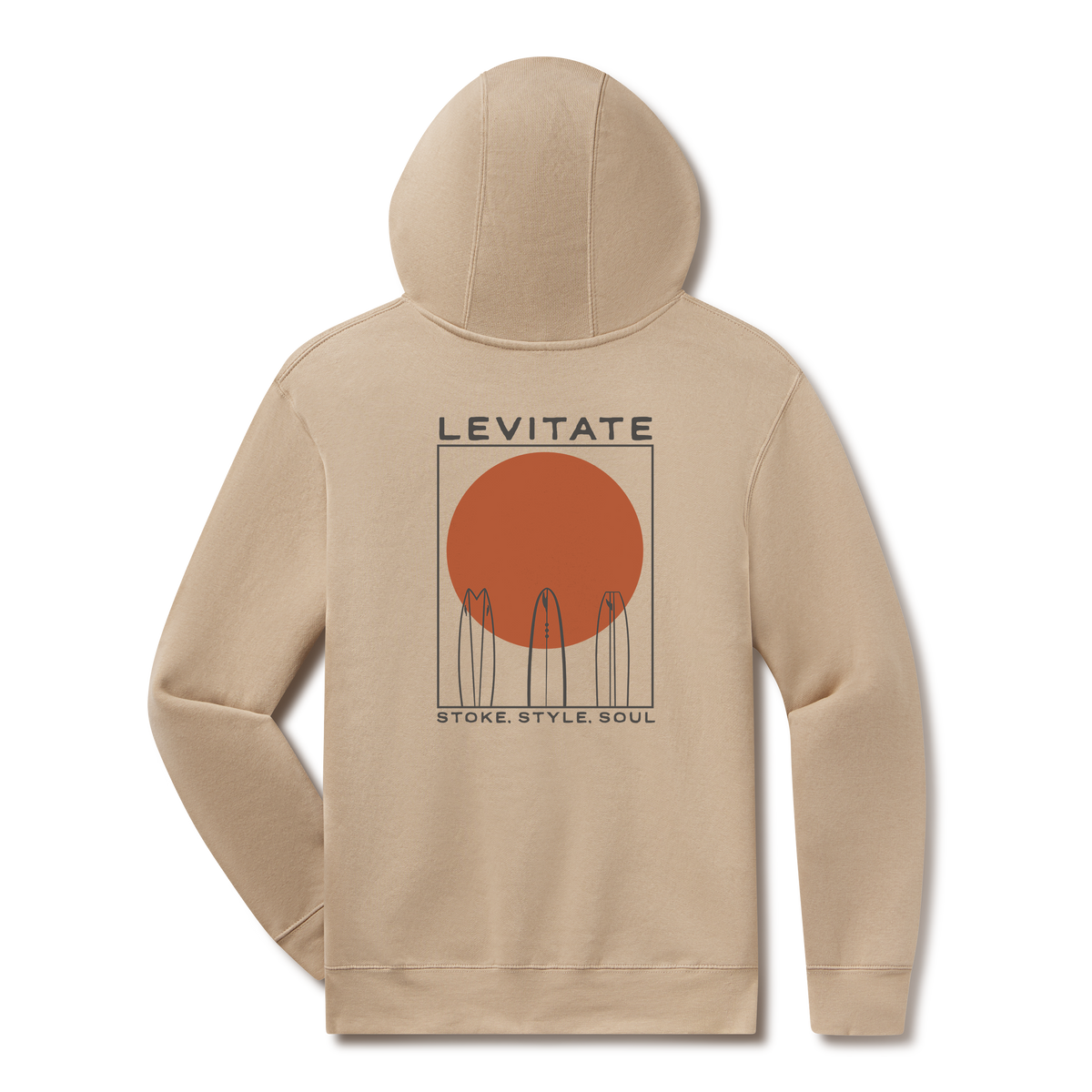 Levitate Quiver Surf Hoodie, back: Surfboard quiver standing against a large rust-orange sun with Levitate and Stoke Style Soul text