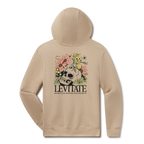 Levitate Reconnect Hoodie, back: Skull overgrown with wildflowers and ferns under a crescent moon, Levitate lettering