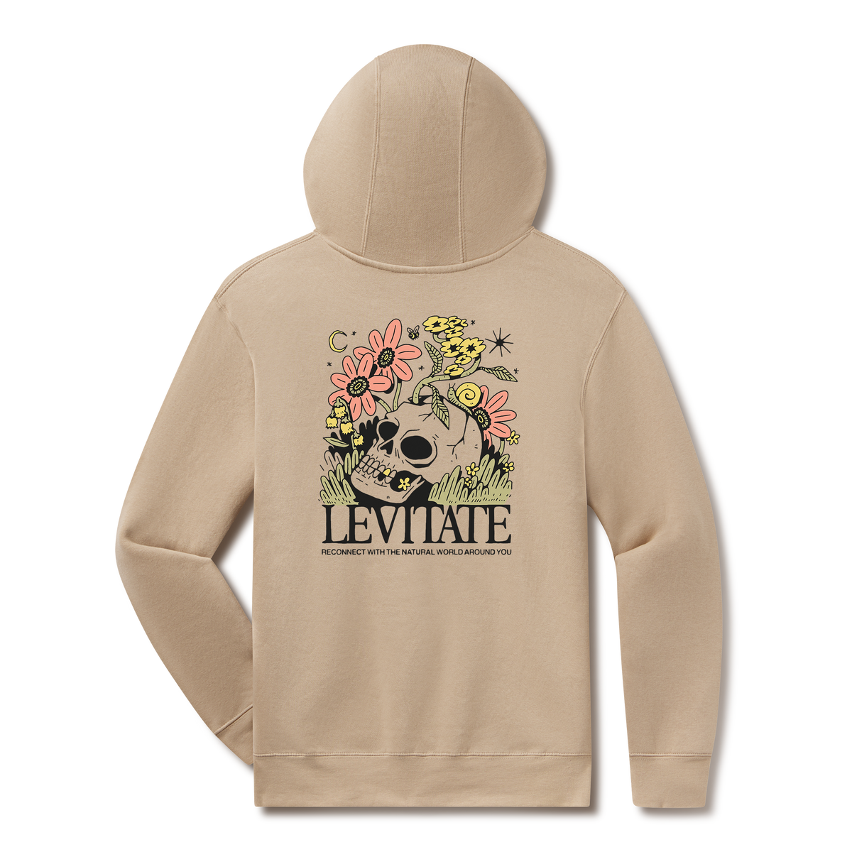 Levitate Reconnect Hoodie, back: Skull overgrown with wildflowers and ferns under a crescent moon, Levitate lettering