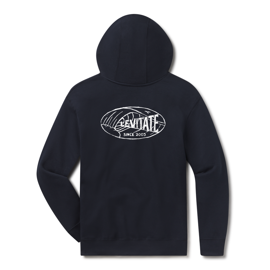 Levitate Curl Classic Hoodie, back: Oval Levitate logo wrapped in a curling wave line drawing with Since 2003 text