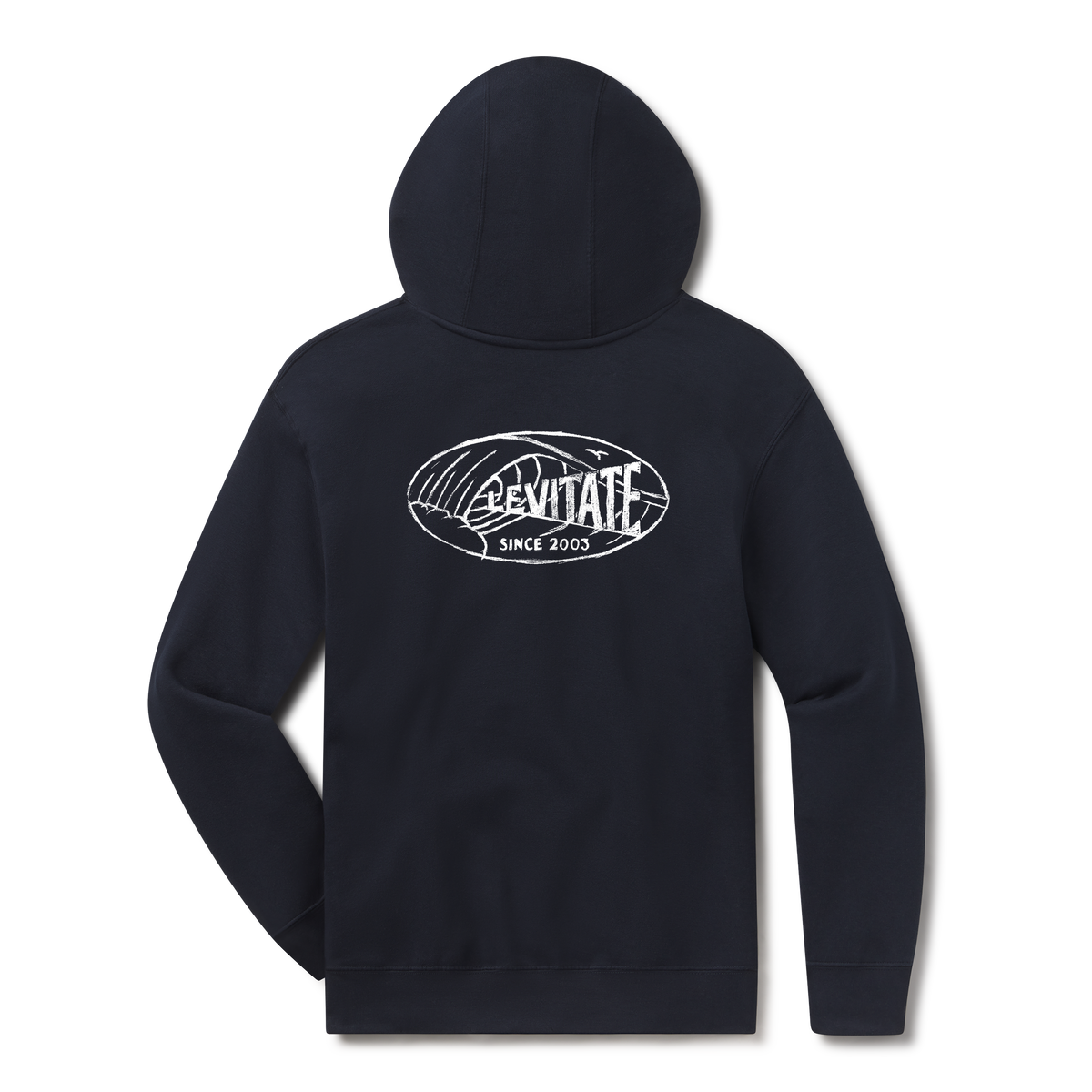 Levitate Curl Classic Hoodie, back: Oval Levitate logo wrapped in a curling wave line drawing with Since 2003 text