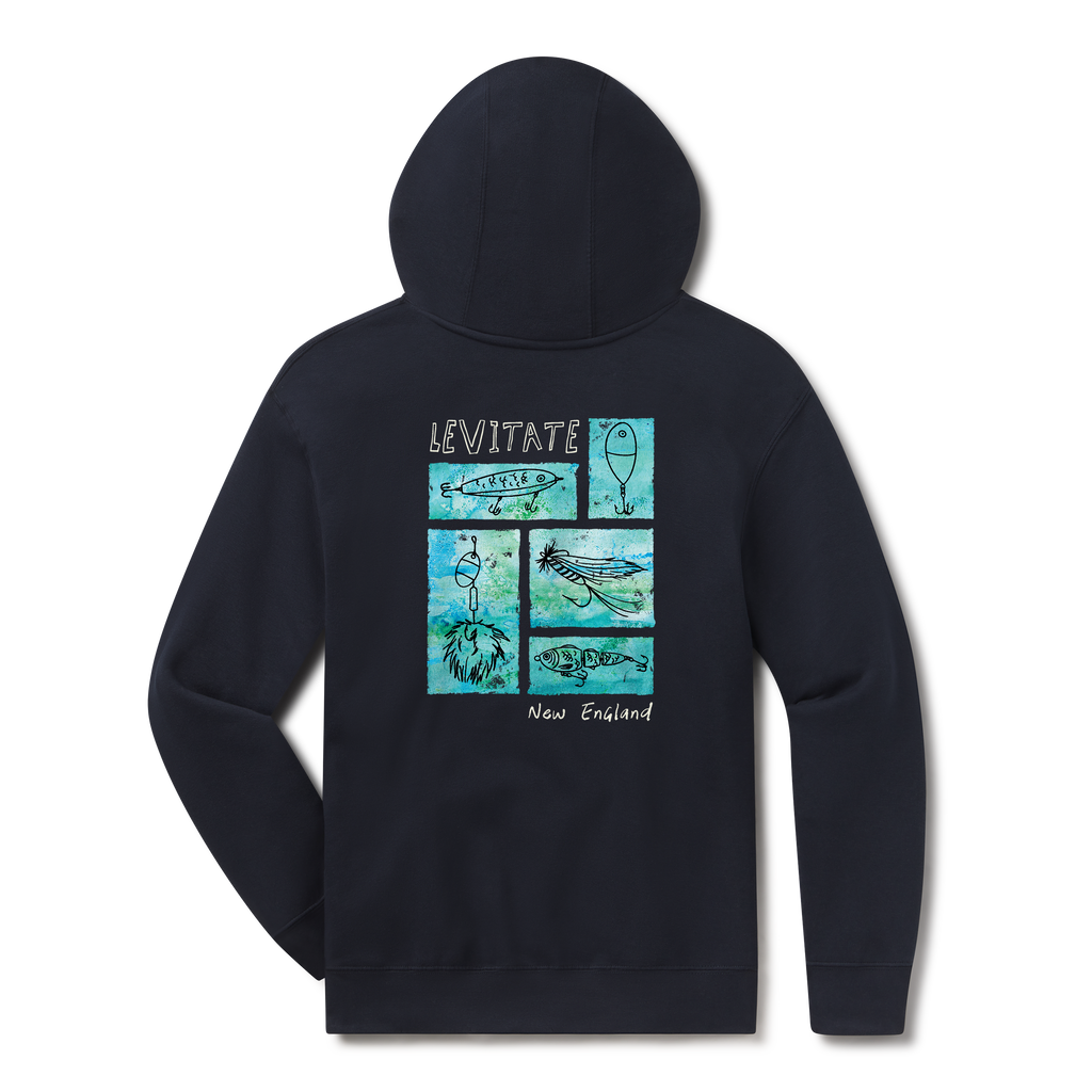 Levitate Tacklebox Hoodie, back: Watercolor fishing lures and flies arranged in a tackle-tray grid, Levitate New England lettering