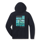 Levitate Tacklebox Hoodie, back: Watercolor fishing lures and flies arranged in a tackle-tray grid, Levitate New England lettering