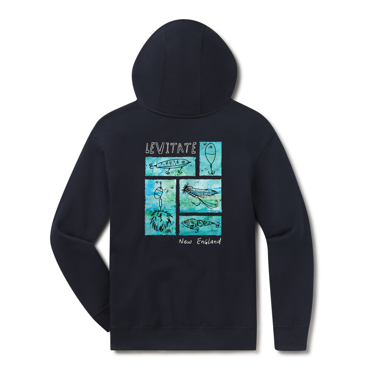 Levitate Tacklebox Hoodie, back: Watercolor fishing lures and flies arranged in a tackle-tray grid, Levitate New England lettering