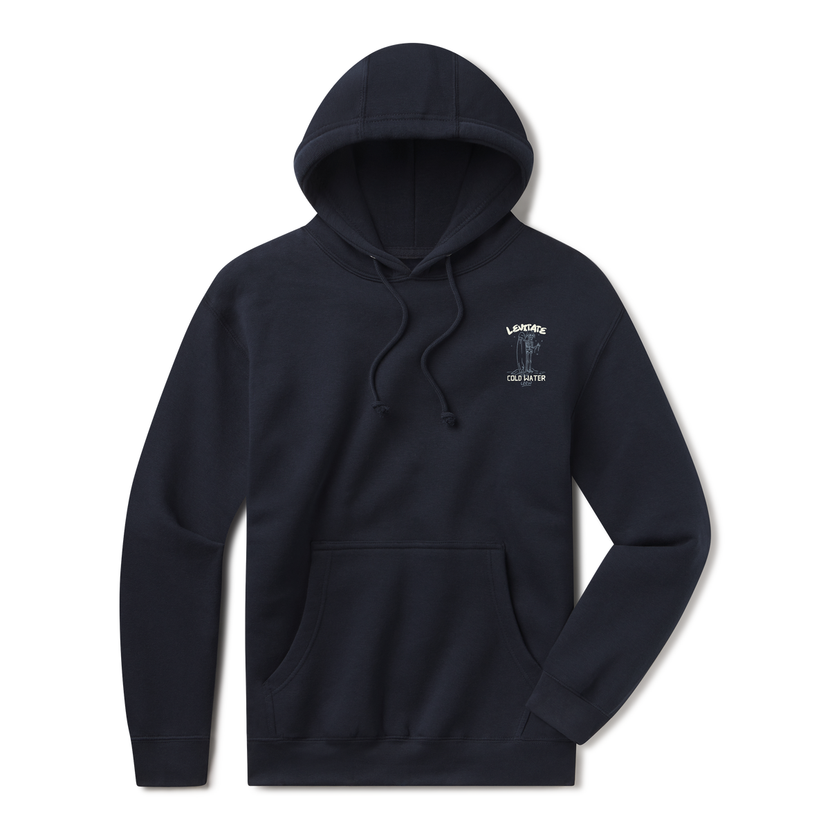 Levitate Cold Water Crew Hoodie, front: Skeleton surfer standing with a surfboard under hand-lettered Levitate Cold Water Crew type