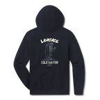 Levitate Cold Water Crew Hoodie, back: Skeleton surfer standing with a surfboard under hand-lettered Levitate Cold Water Crew type