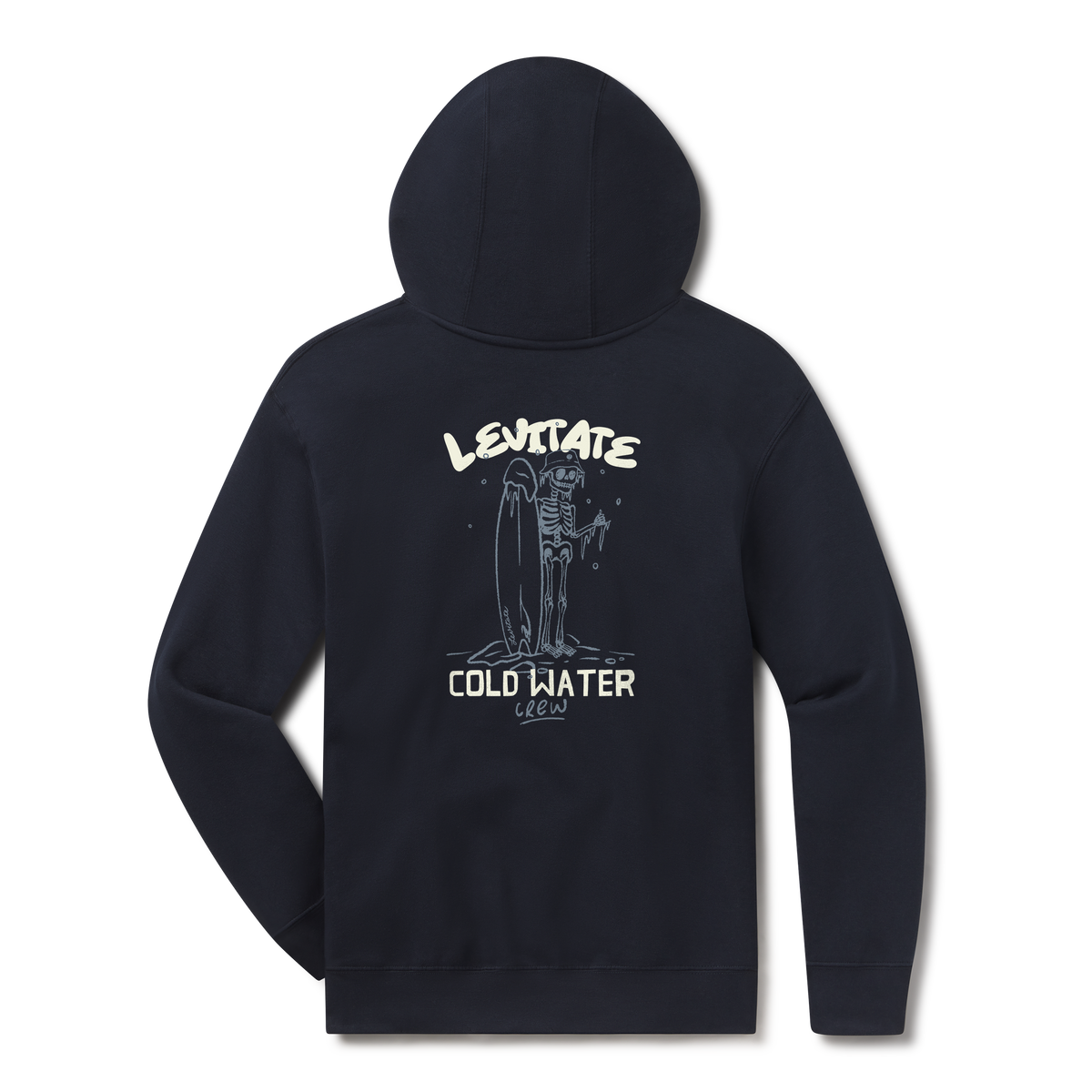 Levitate Cold Water Crew Hoodie, back: Skeleton surfer standing with a surfboard under hand-lettered Levitate Cold Water Crew type