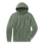 Levitate Early Light Hoodie, front: Retro sunrise with rust, gold and cream rays over waves, Levitate Since 2003 below