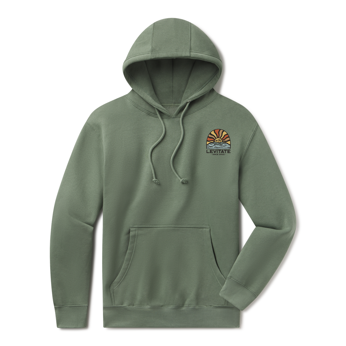 Levitate Early Light Hoodie, front: Retro sunrise with rust, gold and cream rays over waves, Levitate Since 2003 below