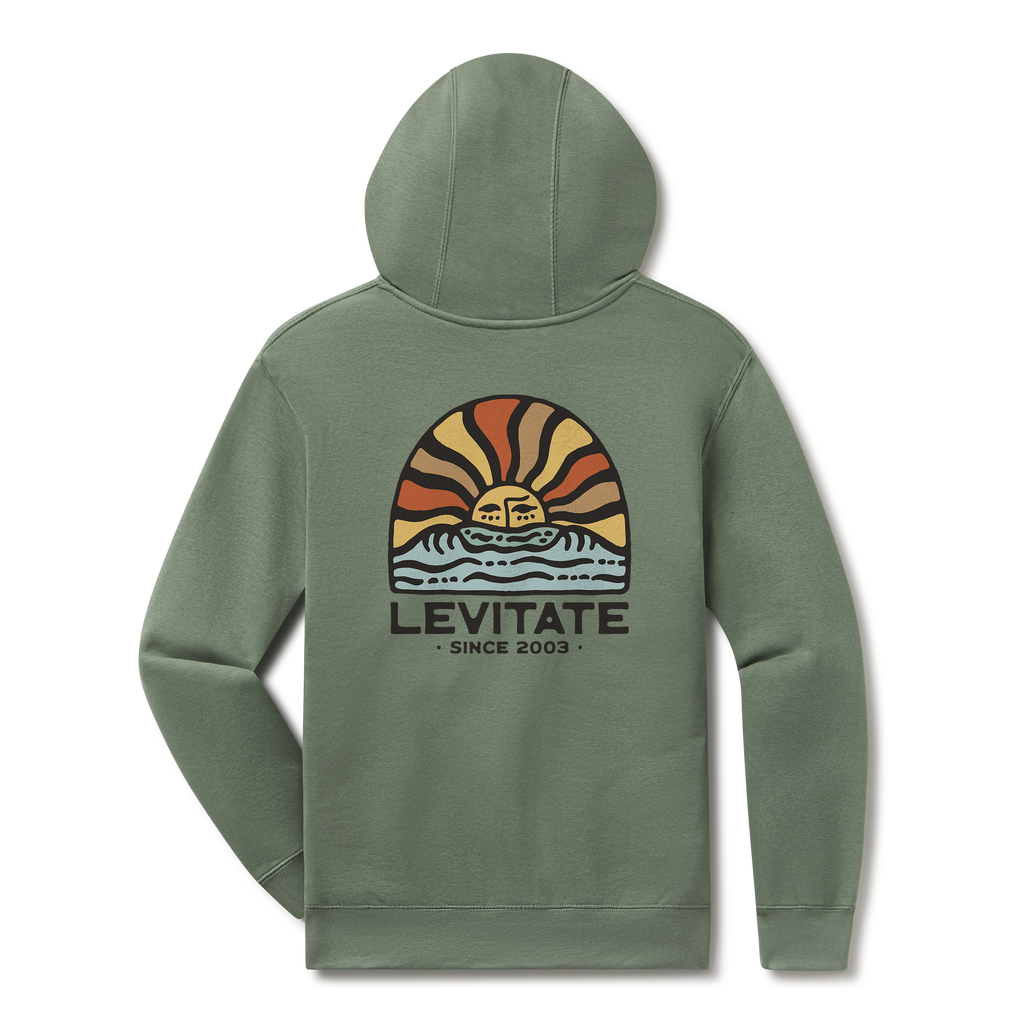 Levitate Early Light Hoodie, back: Retro sunrise with rust, gold and cream rays over waves, Levitate Since 2003 below