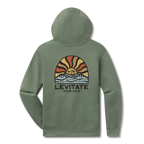 Levitate Early Light Hoodie, back: Retro sunrise with rust, gold and cream rays over waves, Levitate Since 2003 below