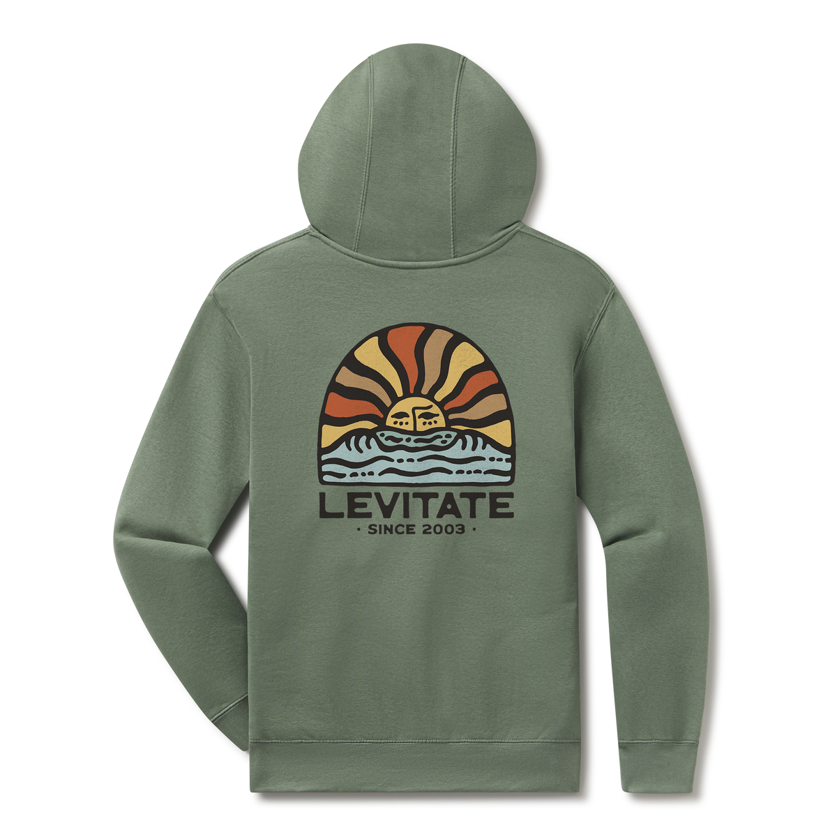 Levitate Early Light Hoodie, back: Retro sunrise with rust, gold and cream rays over waves, Levitate Since 2003 below