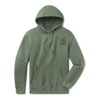 Levitate Blockprint Buoy Hoodie, front: Woodcut-style block print of a harbor buoy with clouds and hills, Levitate lettering below
