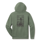 Levitate Blockprint Buoy Hoodie, back: Woodcut-style block print of a harbor buoy with clouds and hills, Levitate lettering below