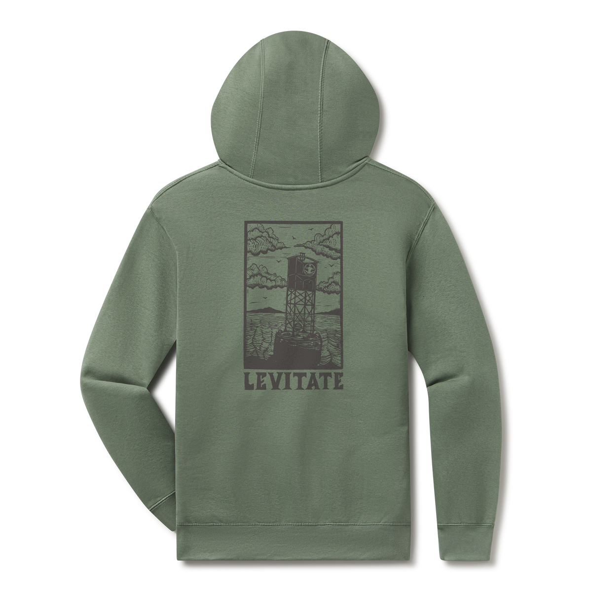 Levitate Blockprint Buoy Hoodie, back: Woodcut-style block print of a harbor buoy with clouds and hills, Levitate lettering below