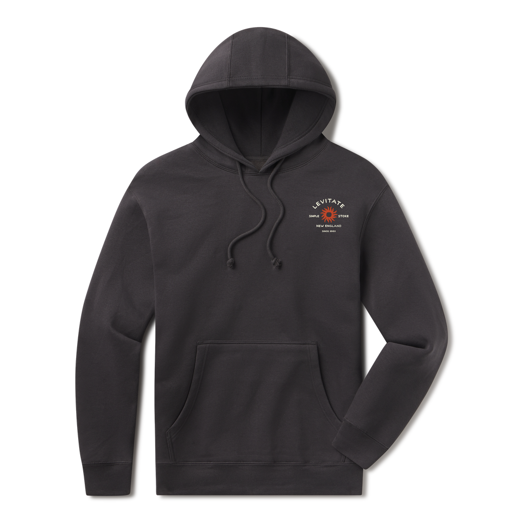 Levitate Simple Stoke Hoodie, front: Rust-orange sunburst with Simple Stoke text and Levitate New England arched lettering