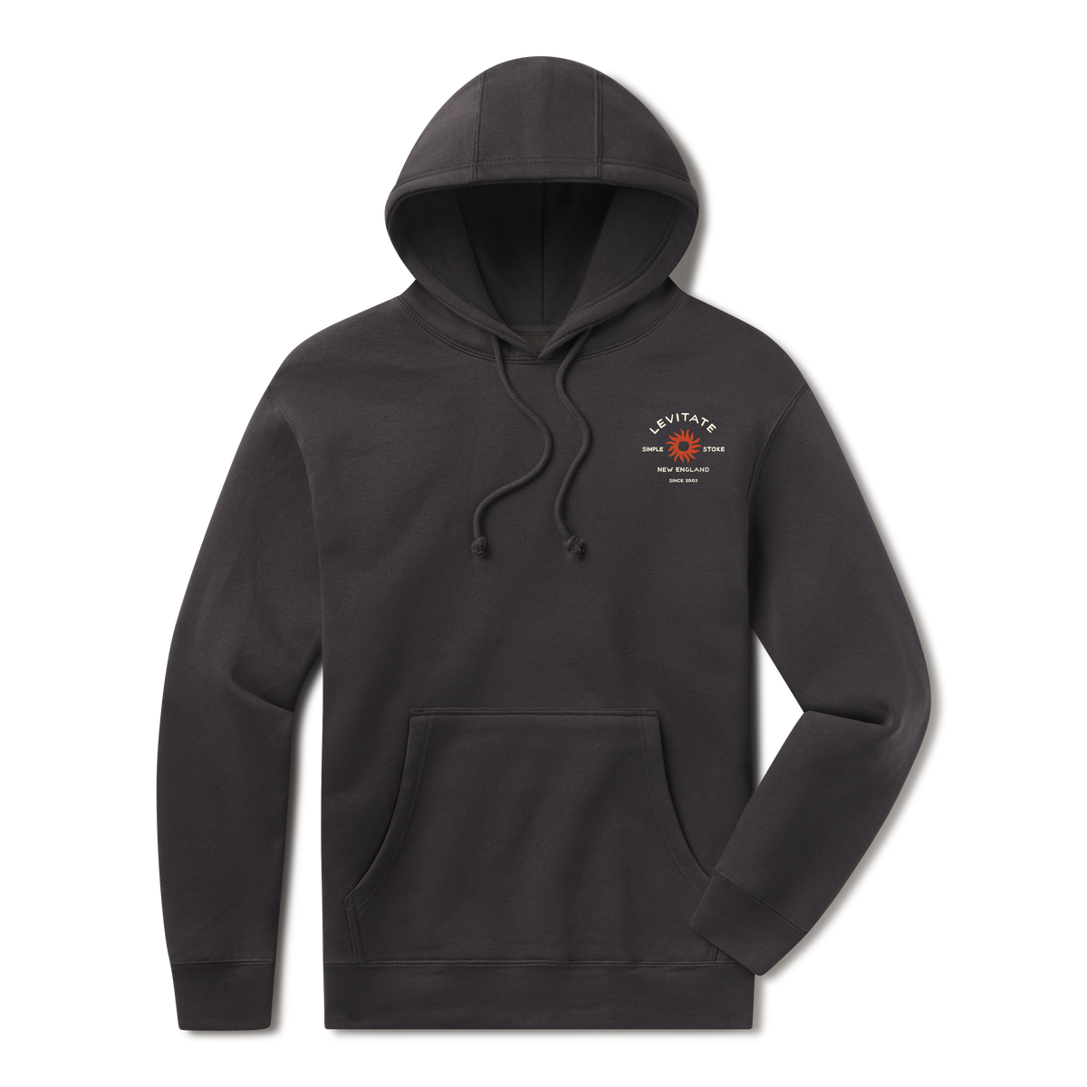 Levitate Simple Stoke Hoodie, front: Rust-orange sunburst with Simple Stoke text and Levitate New England arched lettering