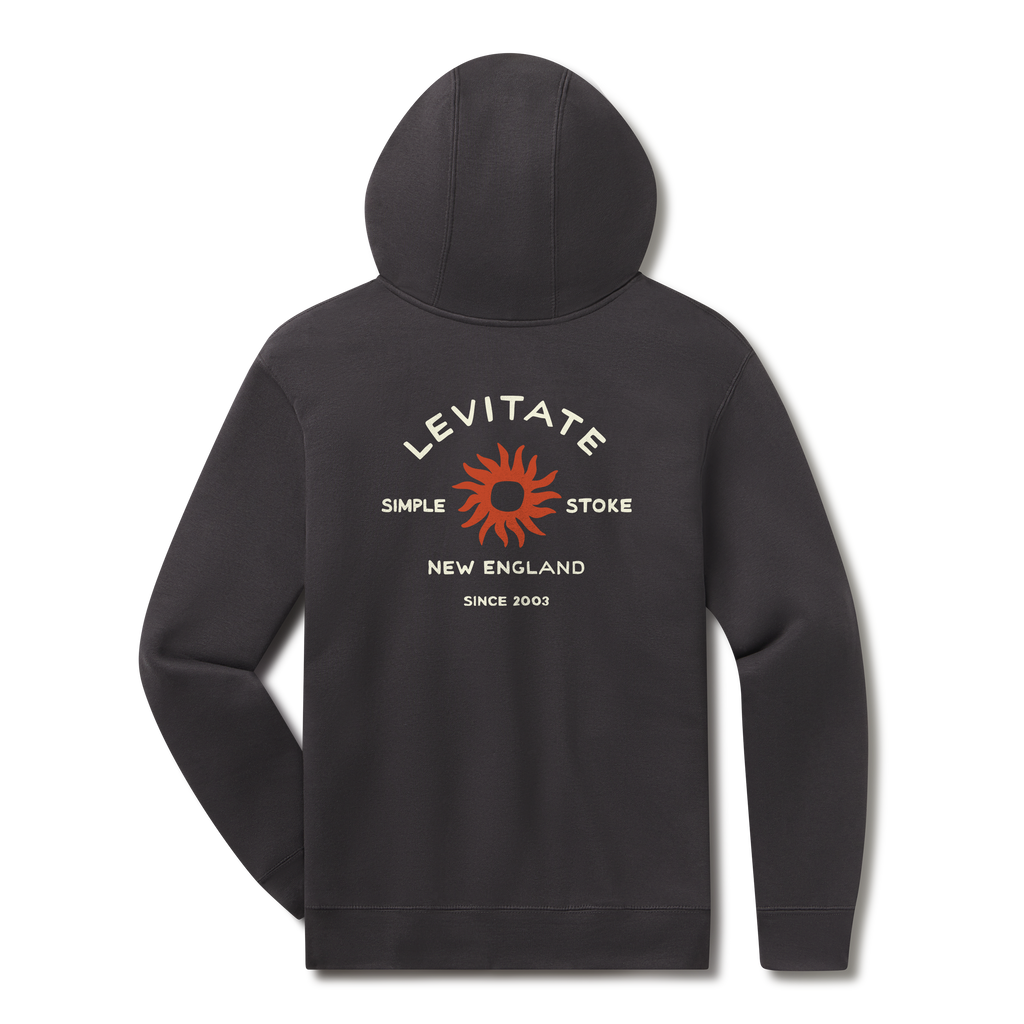 Levitate Simple Stoke Hoodie, back: Rust-orange sunburst with Simple Stoke text and Levitate New England arched lettering