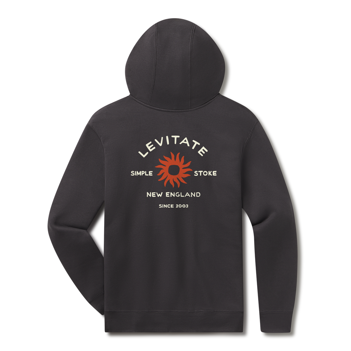 Levitate Simple Stoke Hoodie, back: Rust-orange sunburst with Simple Stoke text and Levitate New England arched lettering