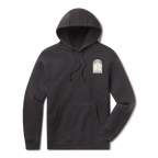 Levitate Tombstone Noseride Hoodie, front: Skeleton noseriding a longboard inside a tombstone-shaped arch, Levitate New England Estd 2003