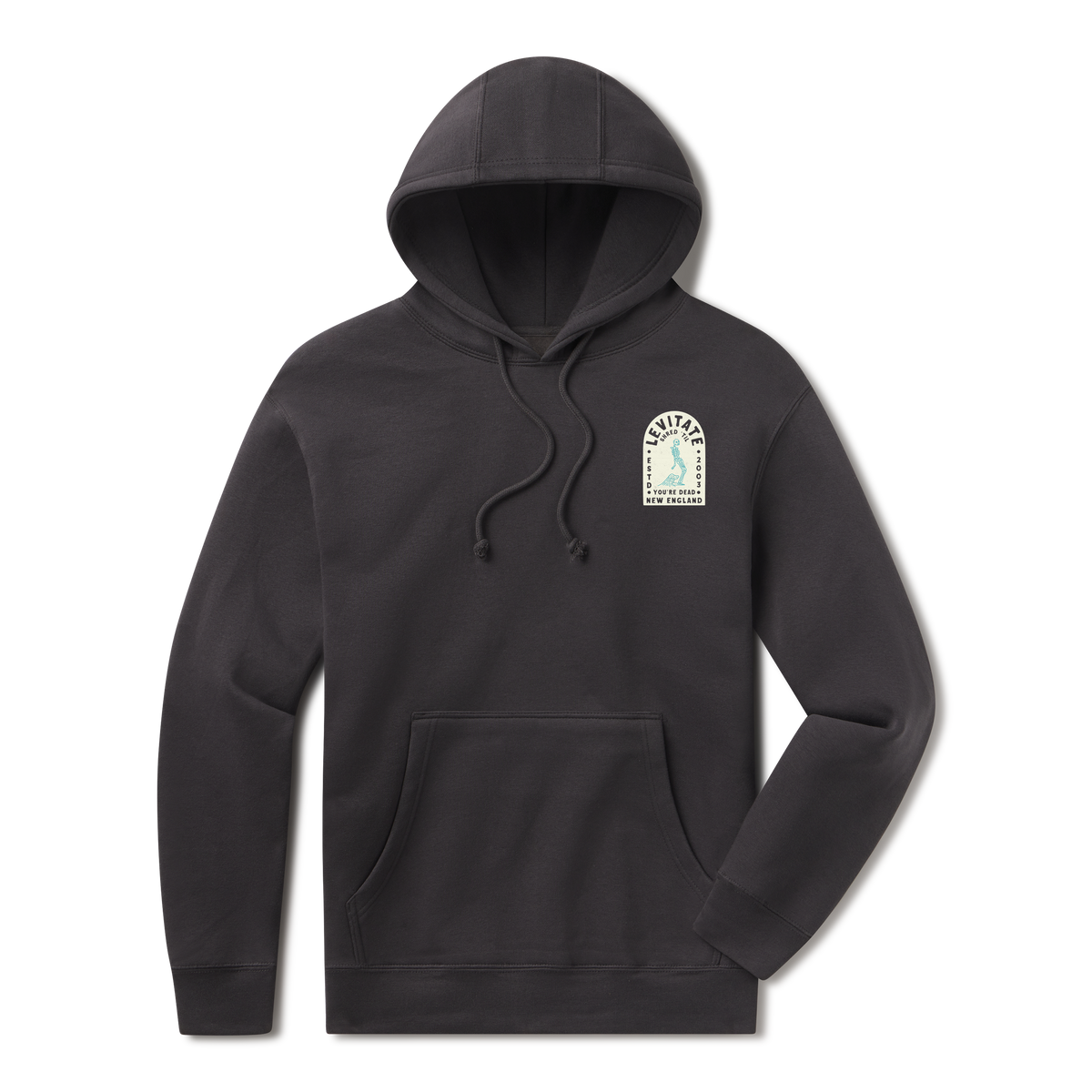 Levitate Tombstone Noseride Hoodie, front: Skeleton noseriding a longboard inside a tombstone-shaped arch, Levitate New England Estd 2003
