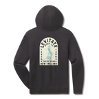 Levitate Tombstone Noseride Hoodie, back: Skeleton noseriding a longboard inside a tombstone-shaped arch, Levitate New England Estd 2003