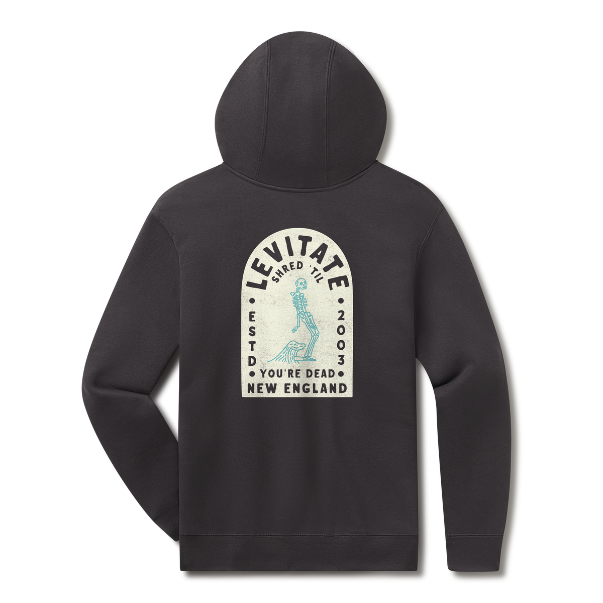 Levitate Tombstone Noseride Hoodie, back: Skeleton noseriding a longboard inside a tombstone-shaped arch, Levitate New England Estd 2003