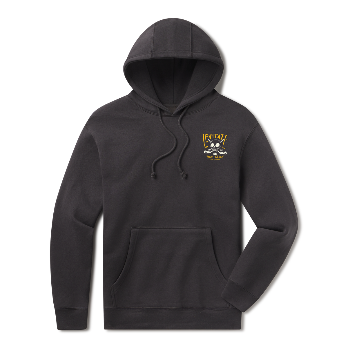 Levitate Slapshot Hoodie, front: Skull with crossed hockey sticks and a puck, Levitate Pond Hockey 20 03 lettering
