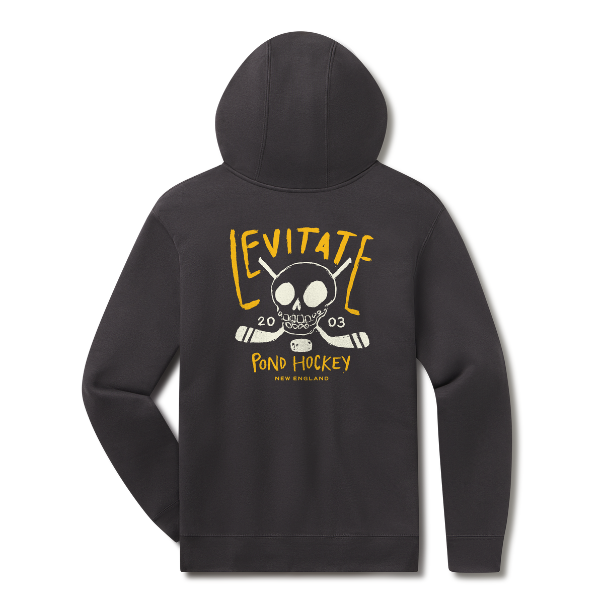 Levitate Slapshot Hoodie, back: Skull with crossed hockey sticks and a puck, Levitate Pond Hockey 20 03 lettering